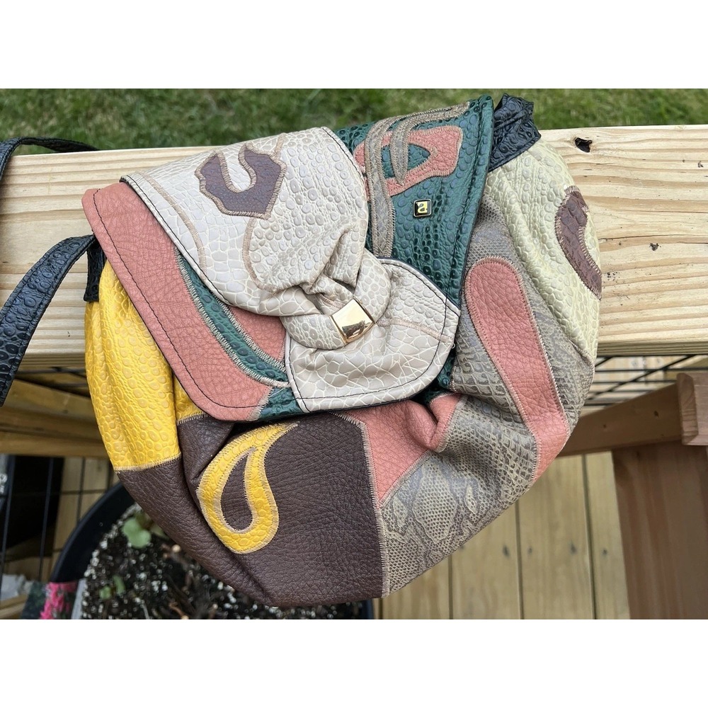 Vintage 1980's Nas Bag Colorful Genuine Leather Patchwork Purse Clutch Korea EUC